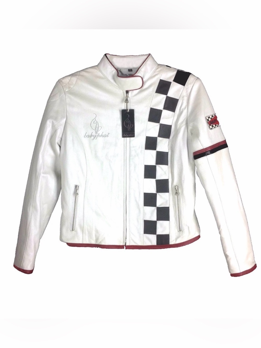 Baby Phat Leather Racing Jacket White Checkered Moto Biker Zip Up Size Large